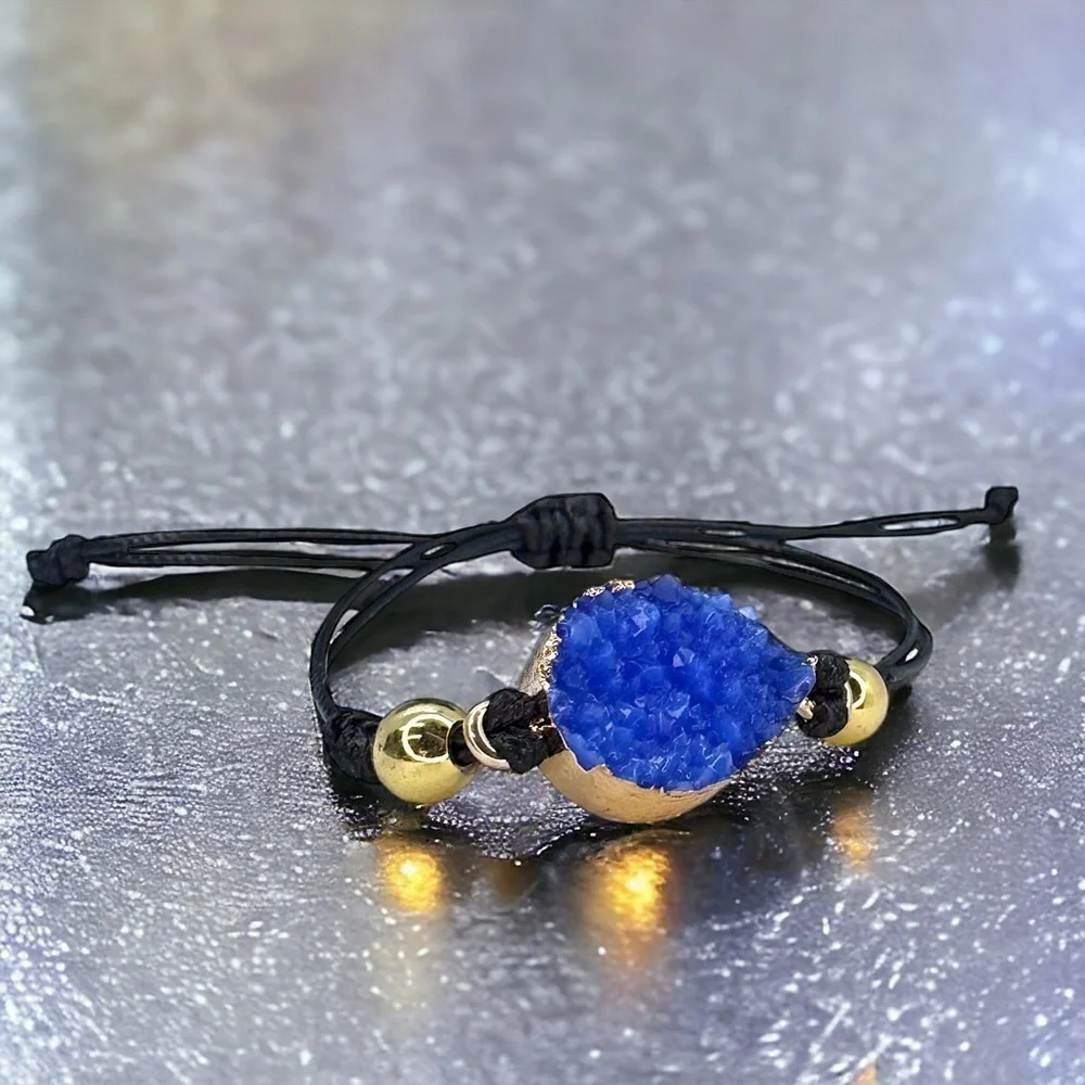 Chic NWOT Black Leather Adjustable Bracelet with Dazzling Gold & Blue Charm